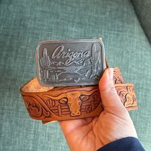 Vintage hand tooled hand painted Arizona Western Leather Belt w/ Buckle sz 32